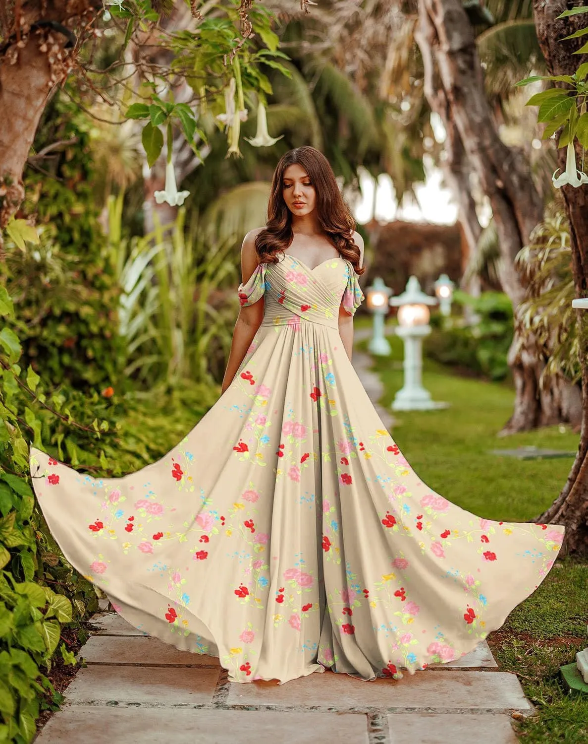 Off Shoulder Bridesmaid Dresses for Women Chiffon Floral Long Prom Dresses Spaghetti Straps Formal Evening Gown