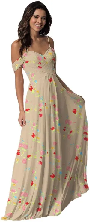 Off Shoulder Bridesmaid Dresses for Women Chiffon Floral Long Prom Dresses Spaghetti Straps Formal Evening Gown