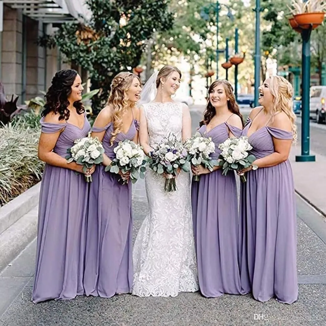 Off Shoulder Bridesmaid Dresses for Women Chiffon Floral Long Prom Dresses Spaghetti Straps Formal Evening Gown