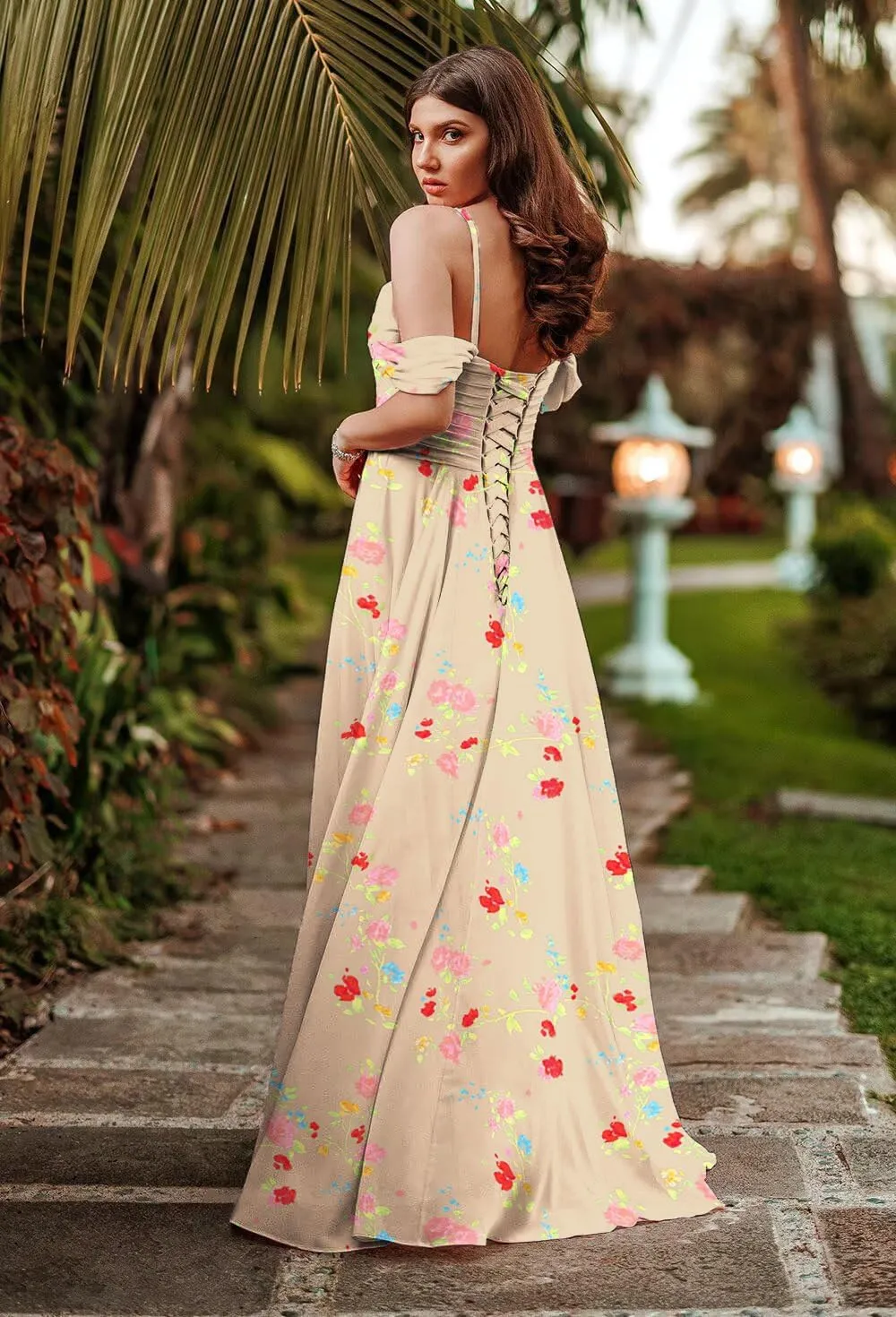 Off Shoulder Bridesmaid Dresses for Women Chiffon Floral Long Prom Dresses Spaghetti Straps Formal Evening Gown
