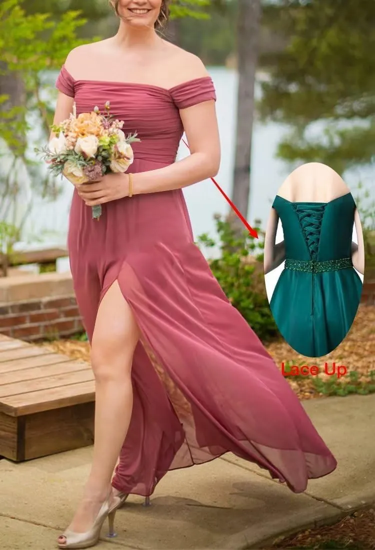 Off Shoulder Bridesmaid Dresses Long Chiffon Wedding Guest Dresses for Women Formal Slit A Line Evening Party Gowns
