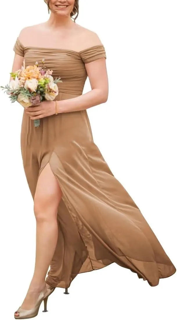 Off Shoulder Bridesmaid Dresses Long Chiffon Wedding Guest Dresses for Women Formal Slit A Line Evening Party Gowns