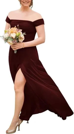 Off Shoulder Bridesmaid Dresses Long Chiffon Wedding Guest Dresses for Women Formal Slit A Line Evening Party Gowns
