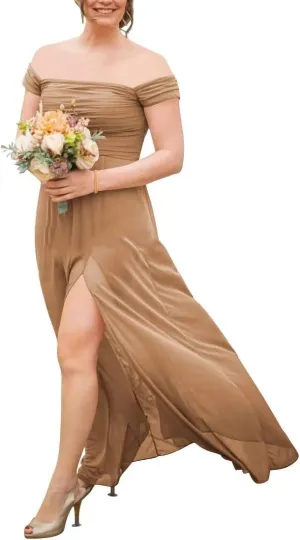 Off Shoulder Bridesmaid Dresses Long Chiffon Wedding Guest Dresses for Women Formal Slit A Line Evening Party Gowns