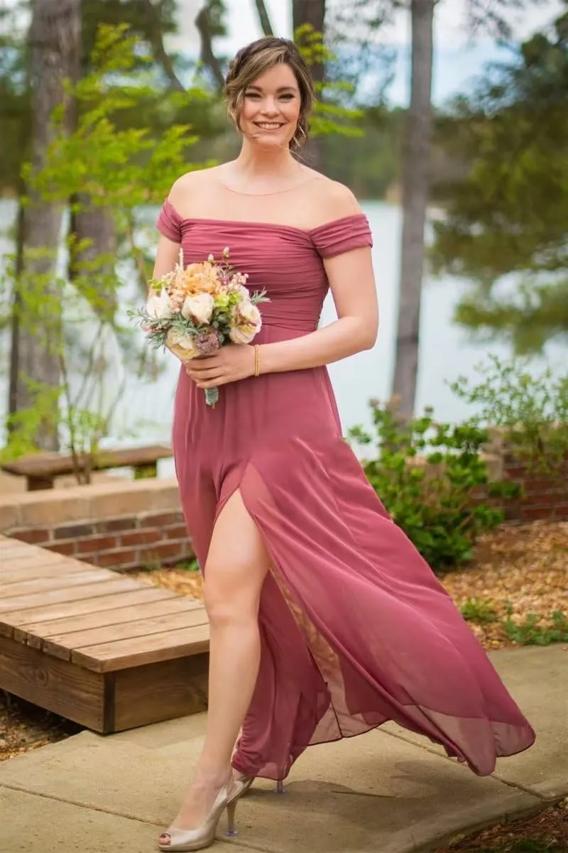 Off Shoulder Bridesmaid Dresses Long Chiffon Wedding Guest Dresses for Women Formal Slit A Line Evening Party Gowns