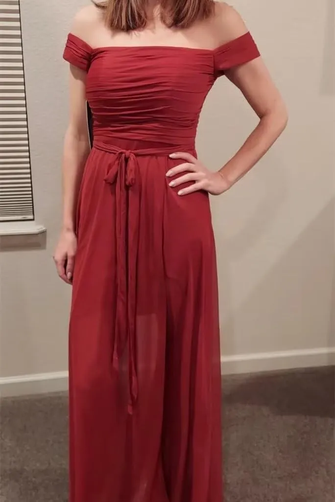 Off Shoulder Bridesmaid Dresses Long Chiffon Wedding Guest Dresses for Women Formal Slit A Line Evening Party Gowns