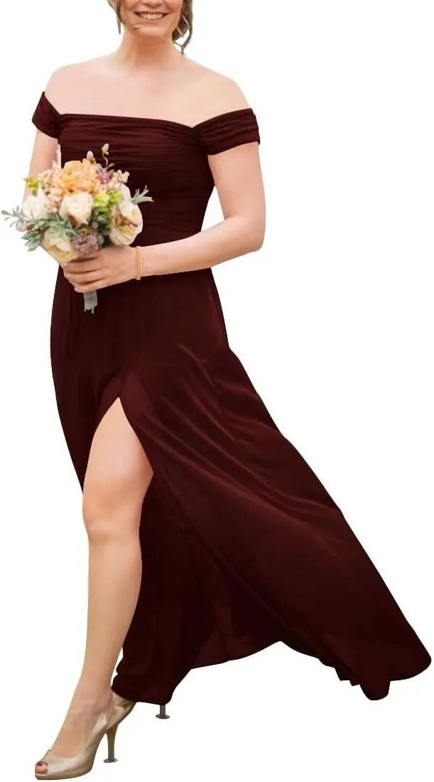 Off Shoulder Bridesmaid Dresses Long Chiffon Wedding Guest Dresses for Women Formal Slit A Line Evening Party Gowns