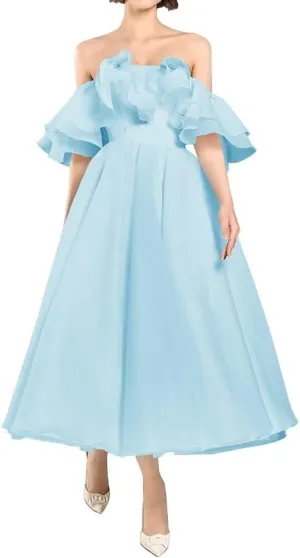 Off Shoulder Ruffles Prom Dresses for Women Organza Midi Homecoming Dresses A Line Formal Evening Party Gowns