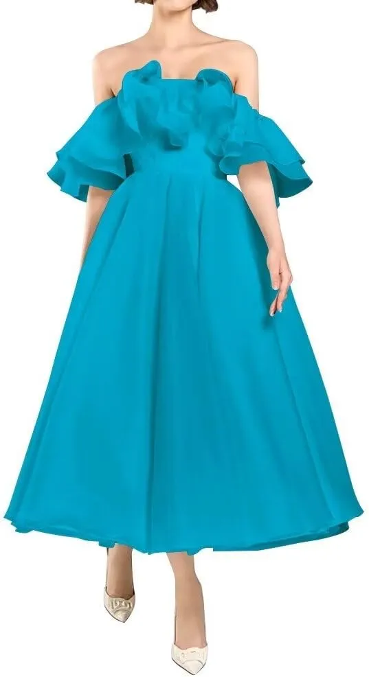 Off Shoulder Ruffles Prom Dresses for Women Organza Midi Homecoming Dresses A Line Formal Evening Party Gowns