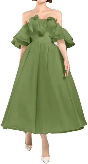 Off Shoulder Ruffles Prom Dresses for Women Organza Midi Homecoming Dresses A Line Formal Evening Party Gowns