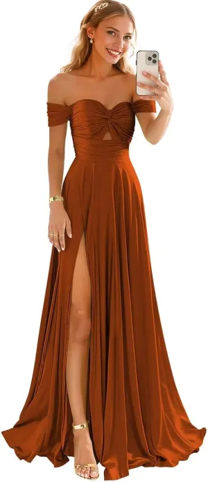 Off Shoulder Satin Bridesmaid Dresses for Women Slit 2025 Sweetheart Pleated Long Formal Prom Dress with Pockets