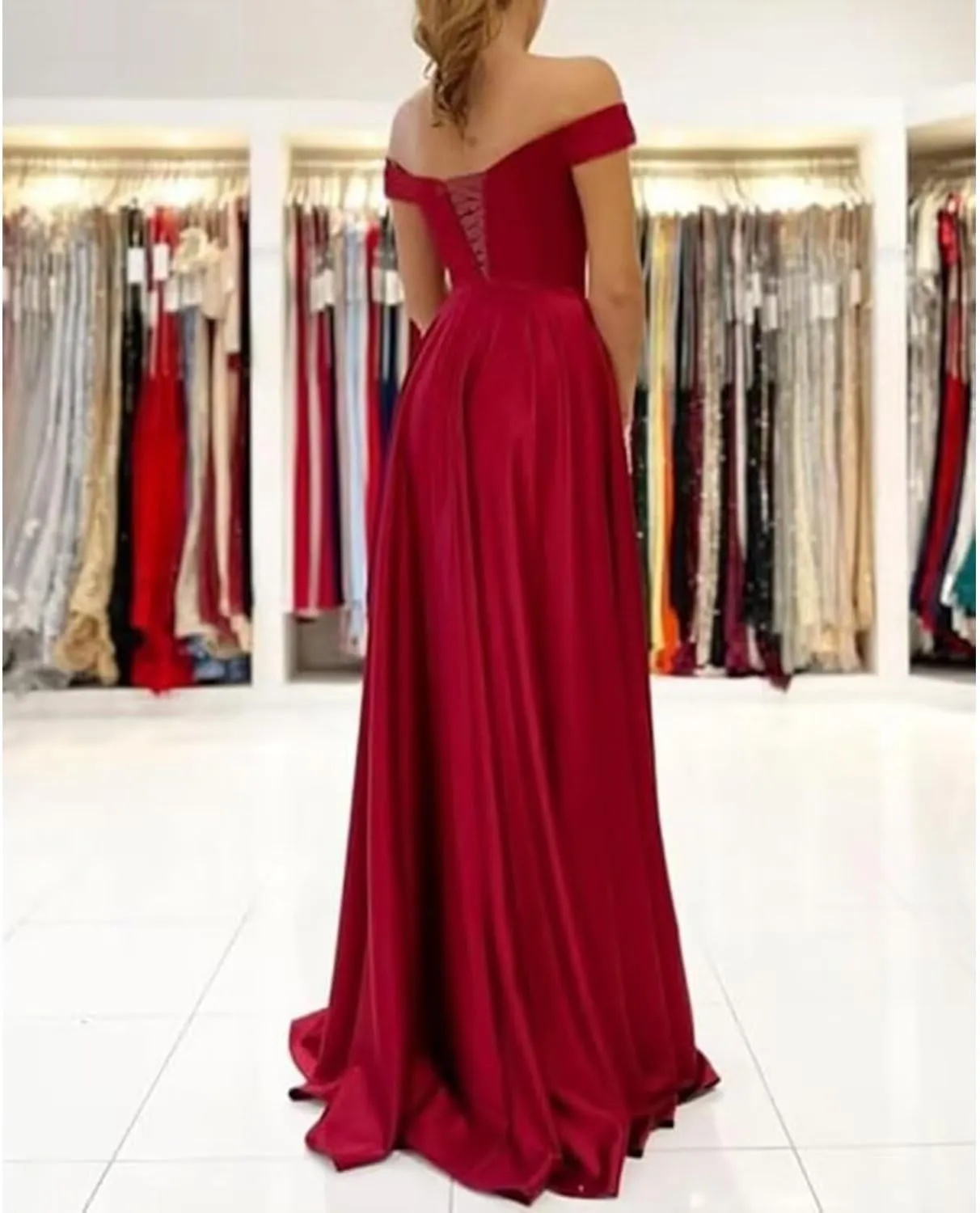 Off Shoulder Satin Bridesmaid Dresses for Women Slit 2025 Sweetheart Pleated Long Formal Prom Dress with Pockets