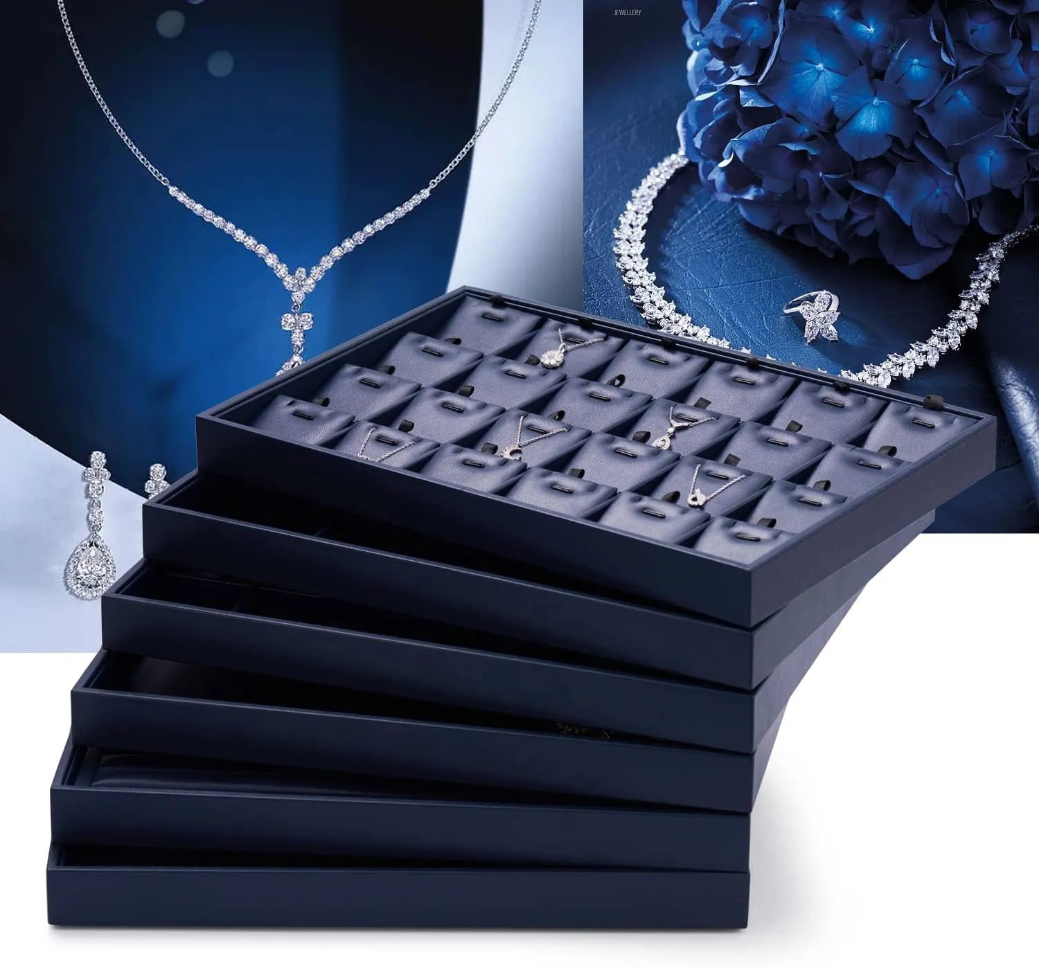 Oirlv Elegant Blue Ring Organizer Tray Stackable Jewelry Trays Jewelry Drawer Organizer Ring Earring Storage