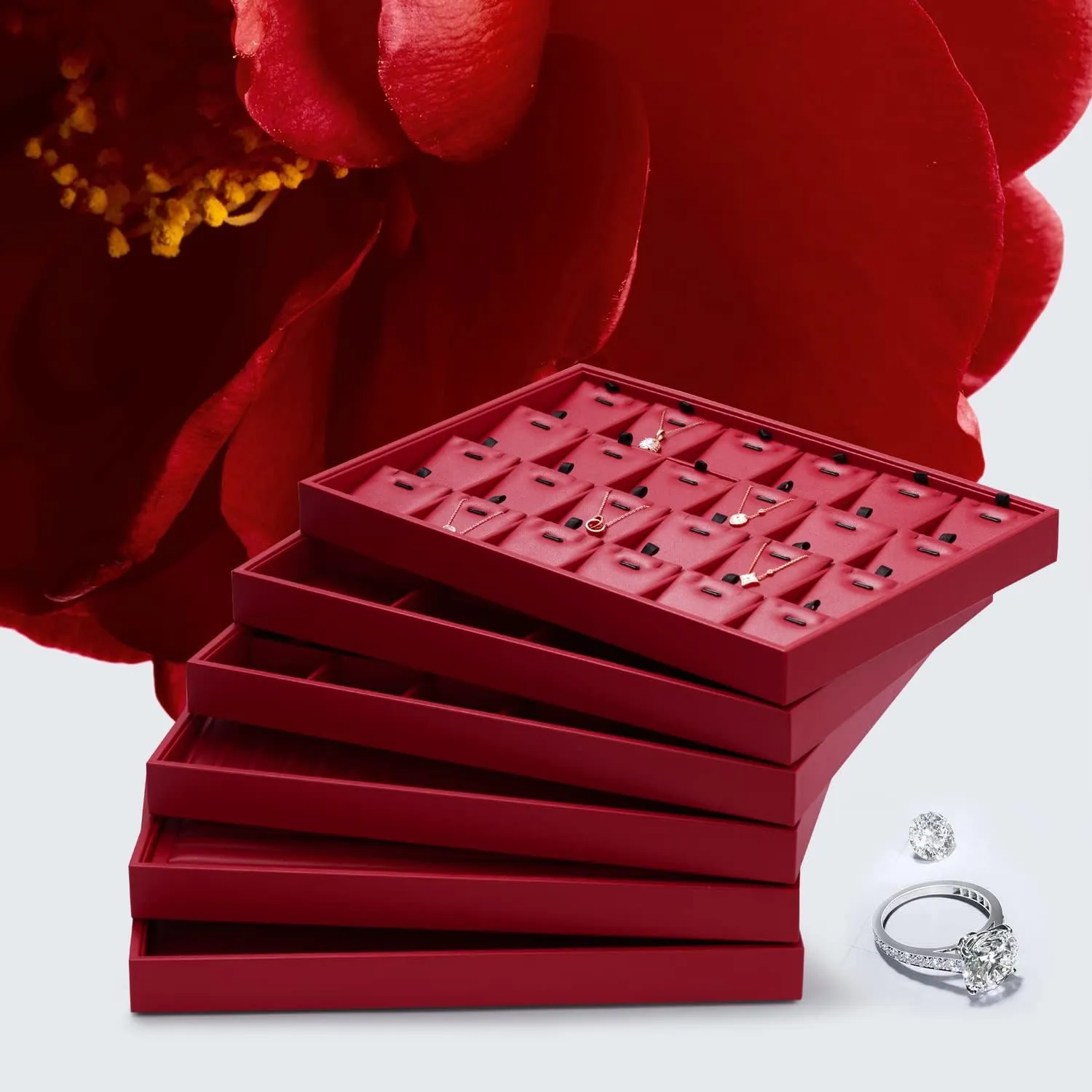 Oirlv Gorgeous Red Leather Ring Organizer Tray Jewelry Display Tray Stackable Jewelry Organizer Plate