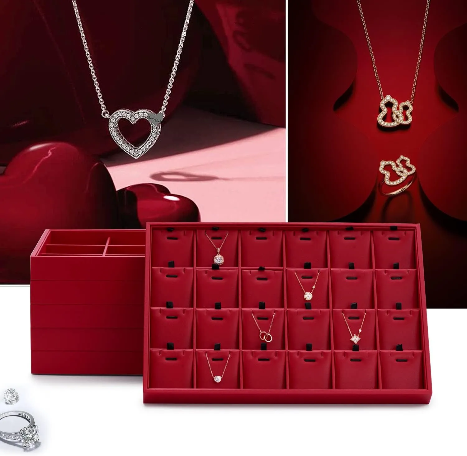 Oirlv Gorgeous Red Leather Ring Organizer Tray Jewelry Display Tray Stackable Jewelry Organizer Plate