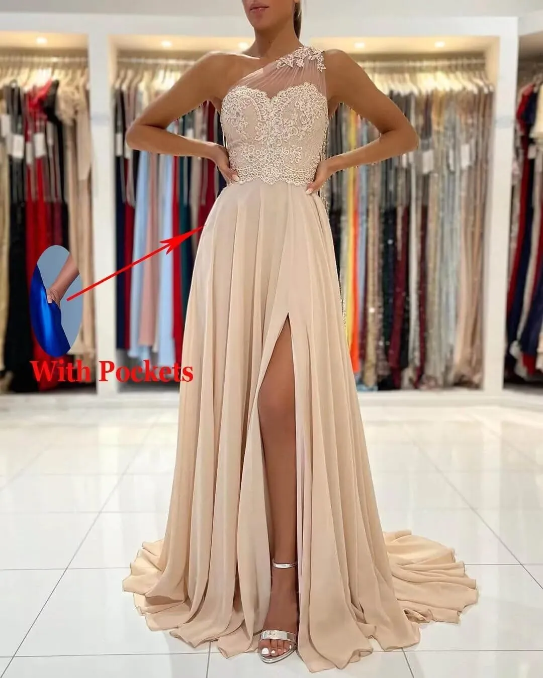 One Shoulder Chiffon Bridesmaid Dresses for Wedding 2025 Lace A-Line Slit Formal Evening Party Gown with Pockets