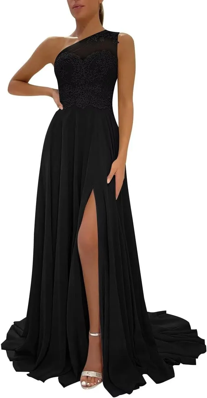 One Shoulder Chiffon Bridesmaid Dresses for Wedding 2025 Lace A-Line Slit Formal Evening Party Gown with Pockets