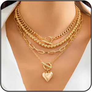 Otxas Chunky Gold Necklace Non Tarnish Gold Layered Necklaces for Women Paperclip Chain Necklace Big Heart Pendant Necklace Gold Necklace Stack Gold Jewelry Set