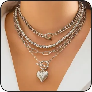 Otxas Chunky Gold Necklace Non Tarnish Gold Layered Necklaces for Women Paperclip Chain Necklace Big Heart Pendant Necklace Gold Necklace Stack Gold Jewelry Set