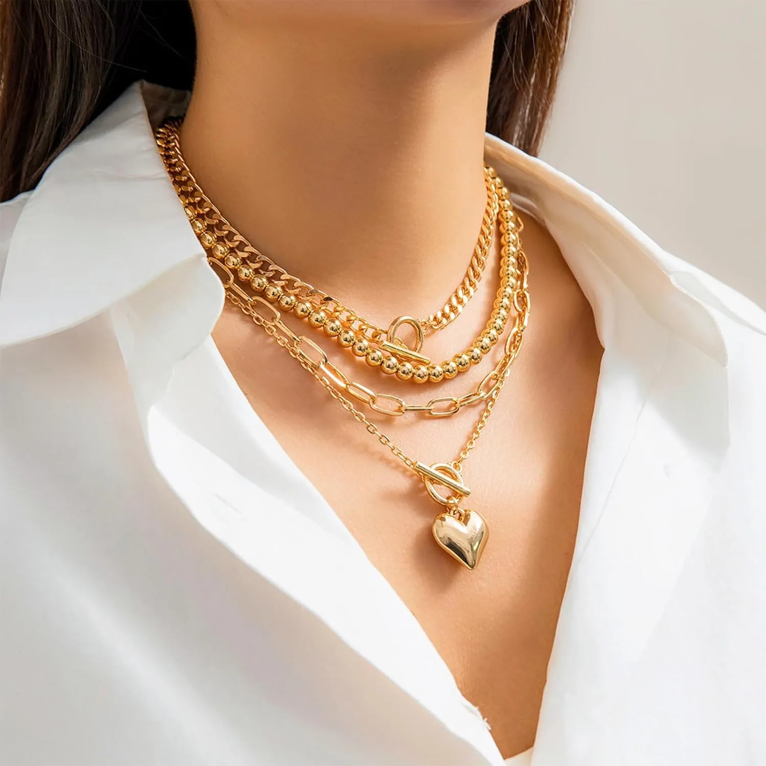 Otxas Chunky Gold Necklace Non Tarnish Gold Layered Necklaces for Women Paperclip Chain Necklace Big Heart Pendant Necklace Gold Necklace Stack Gold Jewelry Set