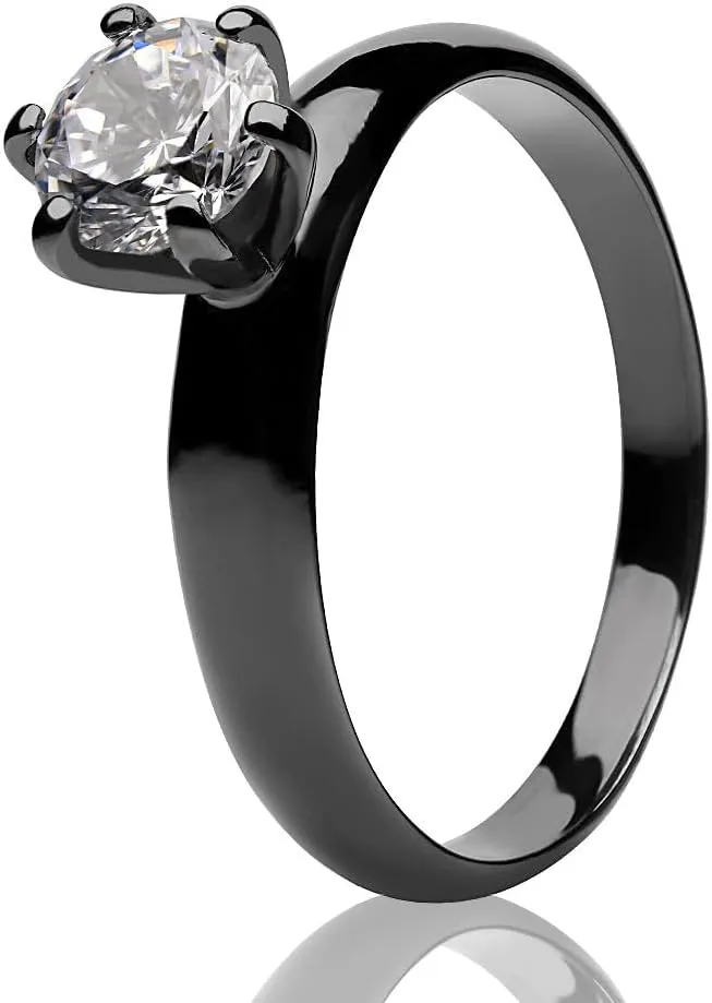 OVIEDO JEWELRY Black Solitaire Wedding Ring, CZ Gem,Single Gem Ring,Anniversary,Engagemnet,Women's Jewelry,Ladies