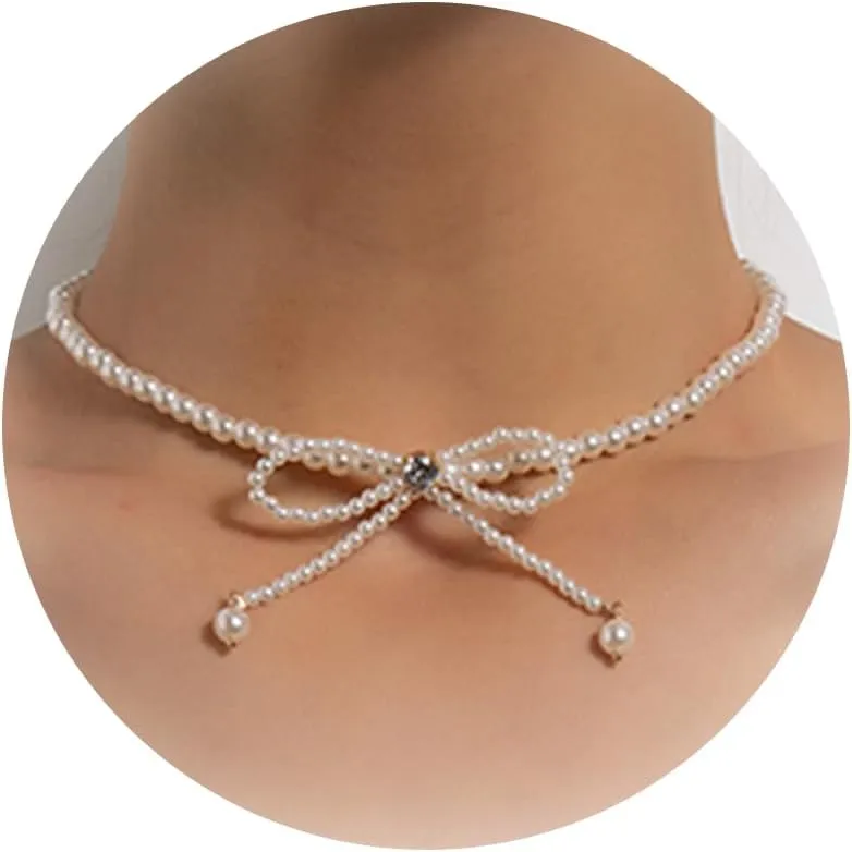 Pearl Bow Necklace Pearl Choker Necklace for Women White Pearl Beaded Necklace Bowknot Necklace Wedding Jewelry Accessories