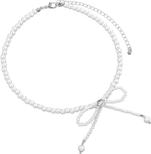Pearl Bow Necklace Pearl Choker Necklace for Women White Pearl Beaded Necklace Bowknot Necklace Wedding Jewelry Accessories