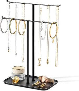 pickpiff Necklace Holder Jewelry Organizer Stand  2Tier TBar Jewelry Display Tree with Tray for Countertop Necklace Bracelet Earring Storage, Vanity Dresser Bathroom Sink, Black
