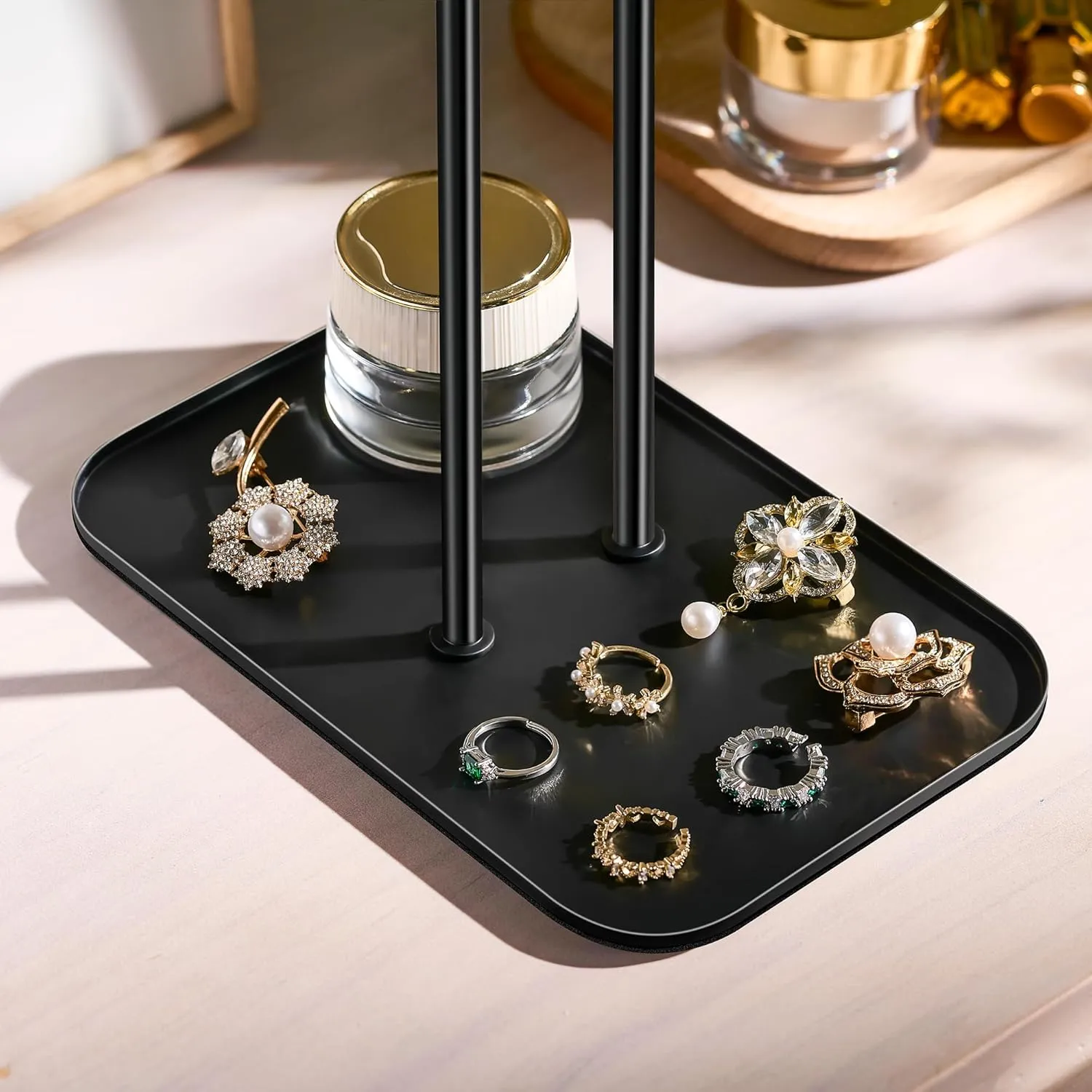 pickpiff Necklace Holder Jewelry Organizer Stand  2Tier TBar Jewelry Display Tree with Tray for Countertop Necklace Bracelet Earring Storage, Vanity Dresser Bathroom Sink, Black
