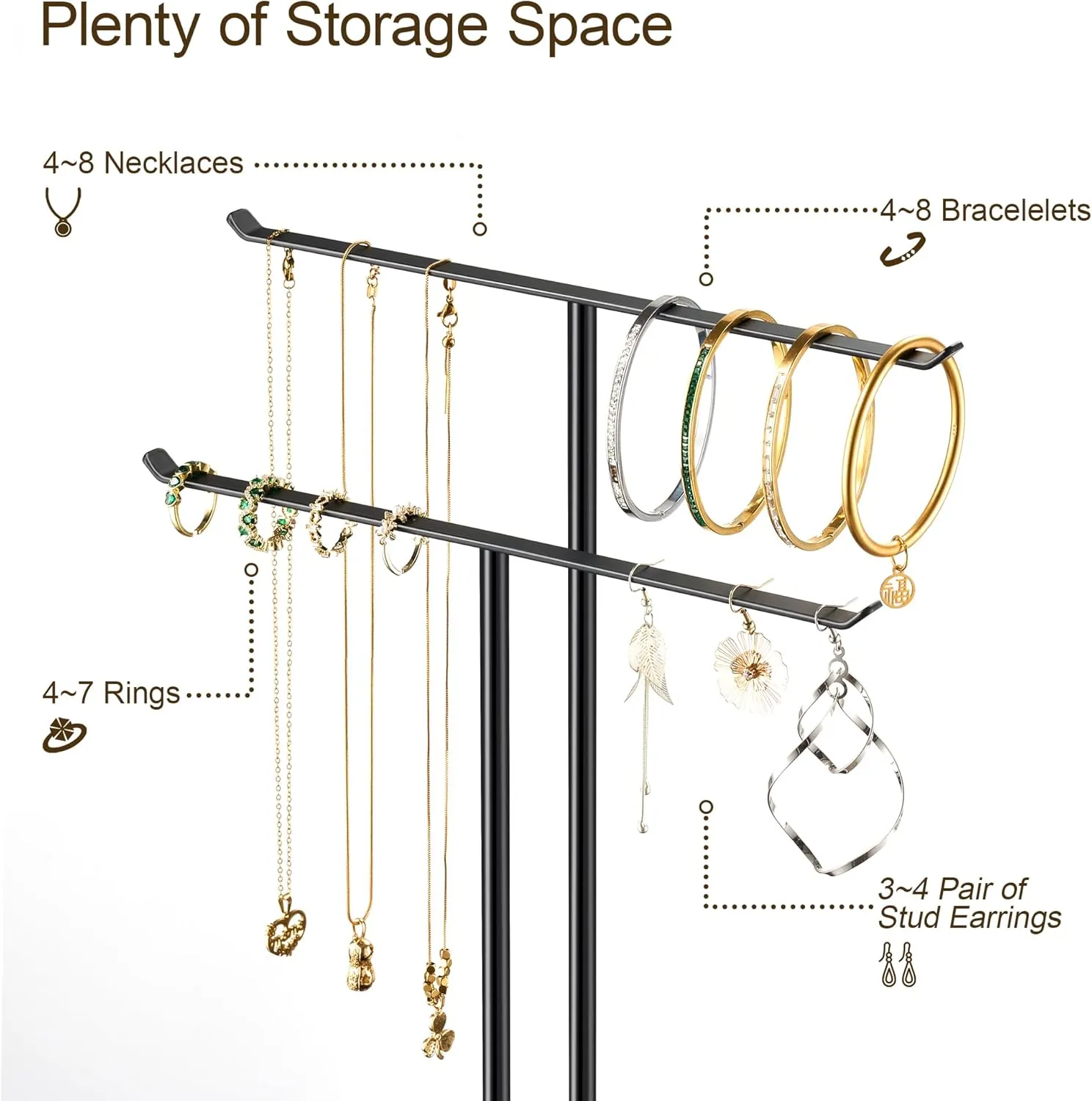 pickpiff Necklace Holder Jewelry Organizer Stand  2Tier TBar Jewelry Display Tree with Tray for Countertop Necklace Bracelet Earring Storage, Vanity Dresser Bathroom Sink, Black