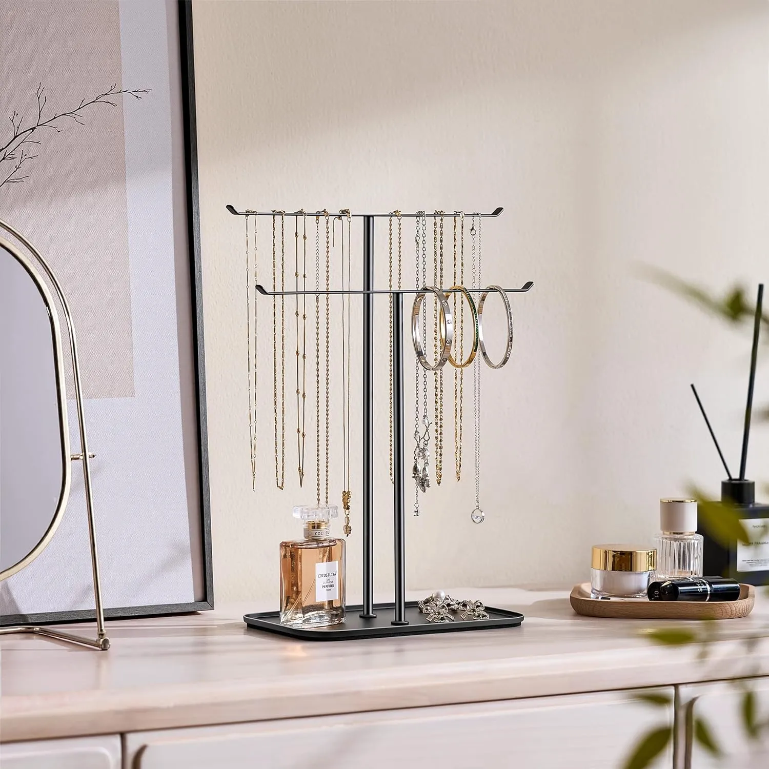 pickpiff Necklace Holder Jewelry Organizer Stand  2Tier TBar Jewelry Display Tree with Tray for Countertop Necklace Bracelet Earring Storage, Vanity Dresser Bathroom Sink, Black