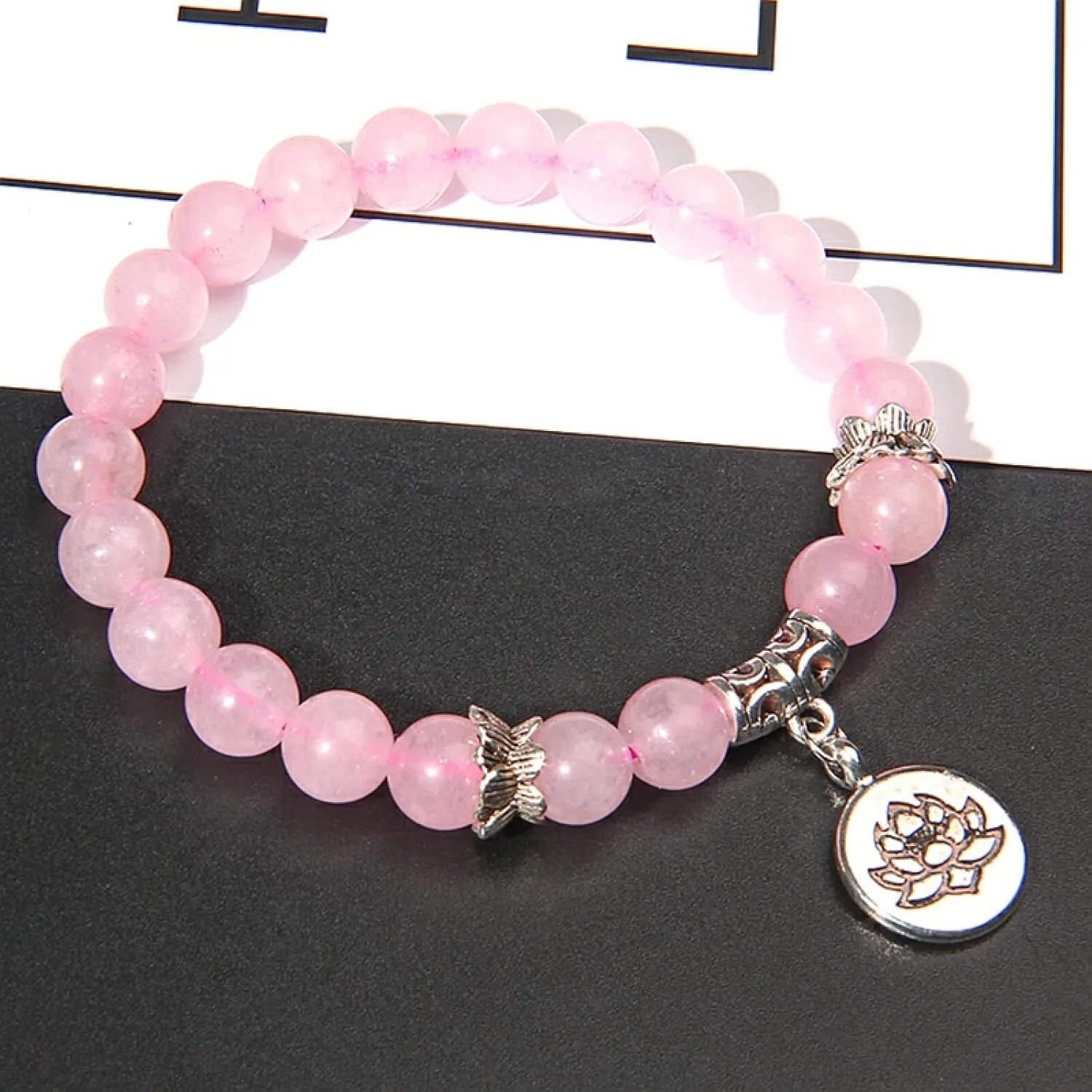 Pink Quartzs Lotus Bracelet Buddhism Women Men Prayer Blessing Natural Stone Strand Beads Medetation Bracelets&Bangles