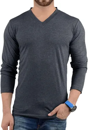 Plain Long Sleeve Shirt Men - Grey & Black Soft Comfortable V Neck Full Sleeves Fashion Tees for Men