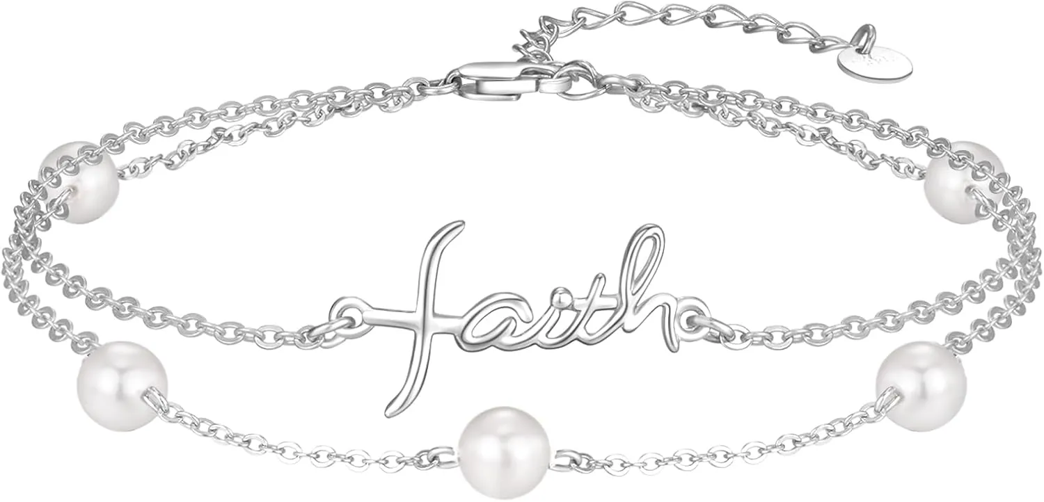PRAYMOS Faith Cross Bracelet for Women Pearl Bracelets for Women Dainty Freshwater Pearl Bracelet Double Chain Christian Religious Confirmation Jewelry Gifts for Women