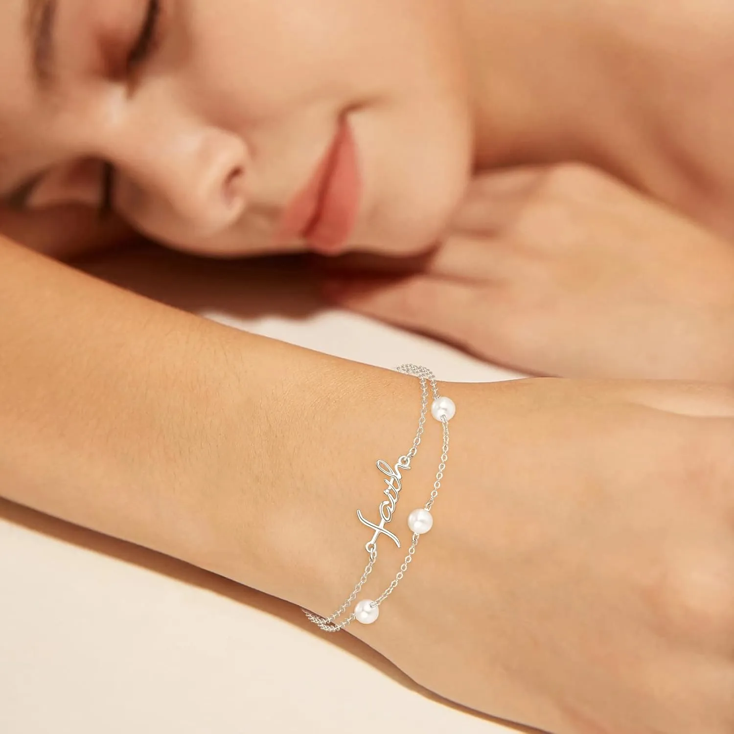 PRAYMOS Faith Cross Bracelet for Women Pearl Bracelets for Women Dainty Freshwater Pearl Bracelet Double Chain Christian Religious Confirmation Jewelry Gifts for Women