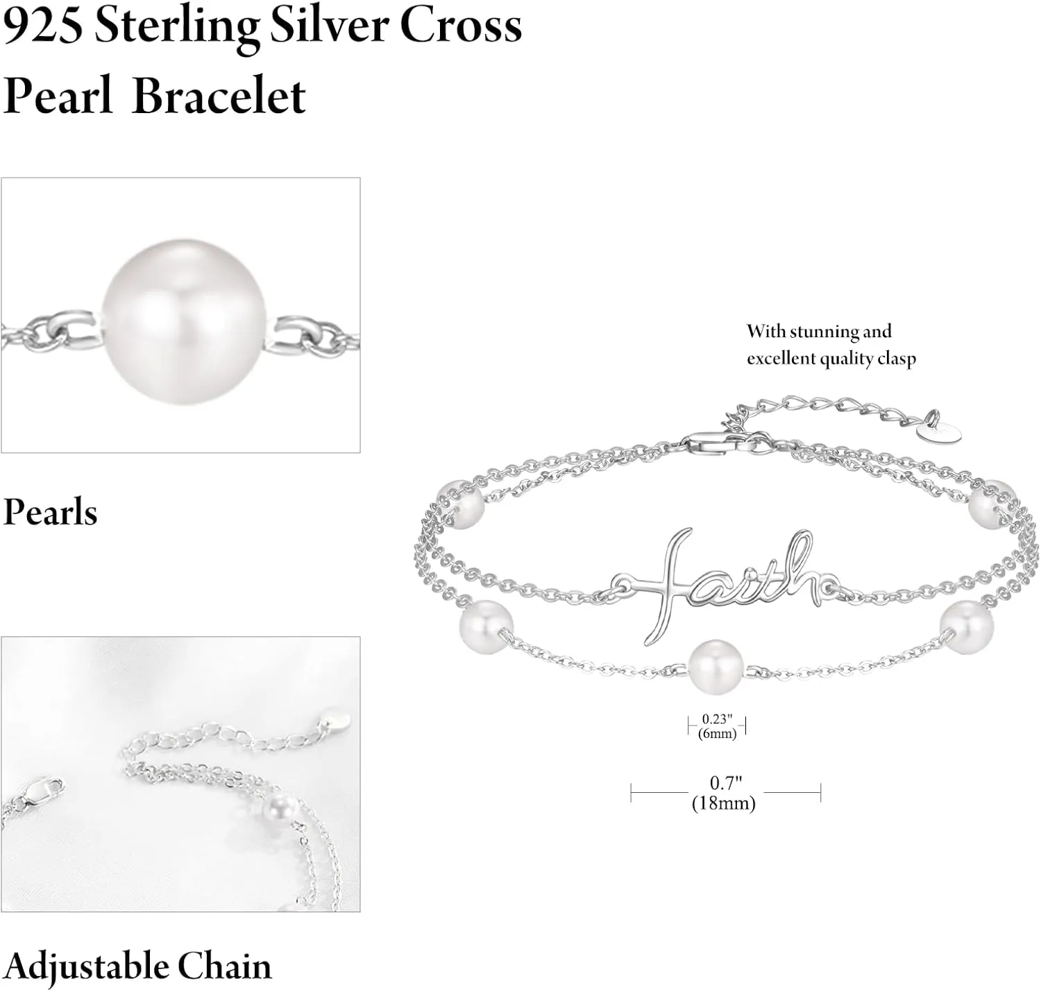 PRAYMOS Faith Cross Bracelet for Women Pearl Bracelets for Women Dainty Freshwater Pearl Bracelet Double Chain Christian Religious Confirmation Jewelry Gifts for Women