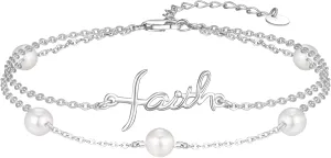 PRAYMOS Faith Cross Bracelet for Women Pearl Bracelets for Women Dainty Freshwater Pearl Bracelet Double Chain Christian Religious Confirmation Jewelry Gifts for Women