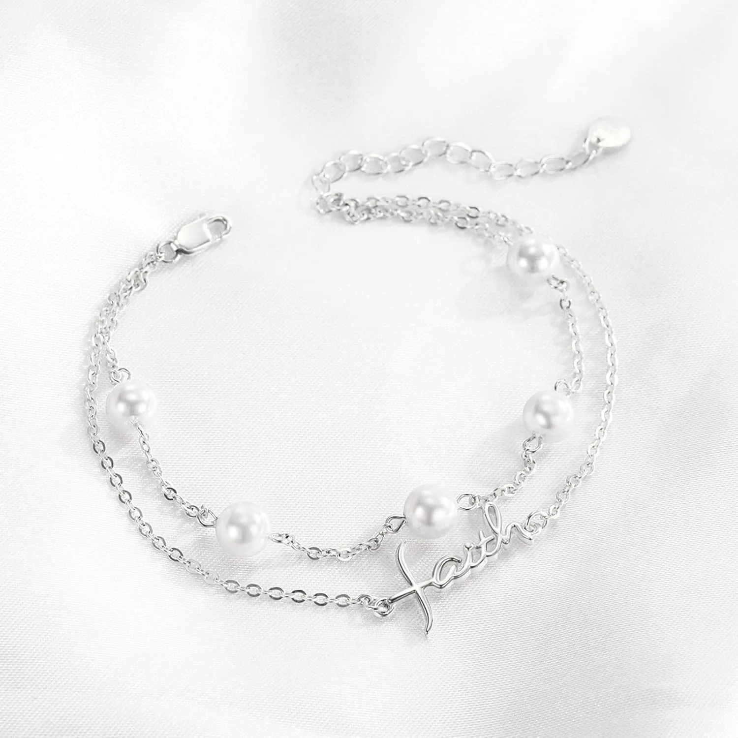 PRAYMOS Faith Cross Bracelet for Women Pearl Bracelets for Women Dainty Freshwater Pearl Bracelet Double Chain Christian Religious Confirmation Jewelry Gifts for Women