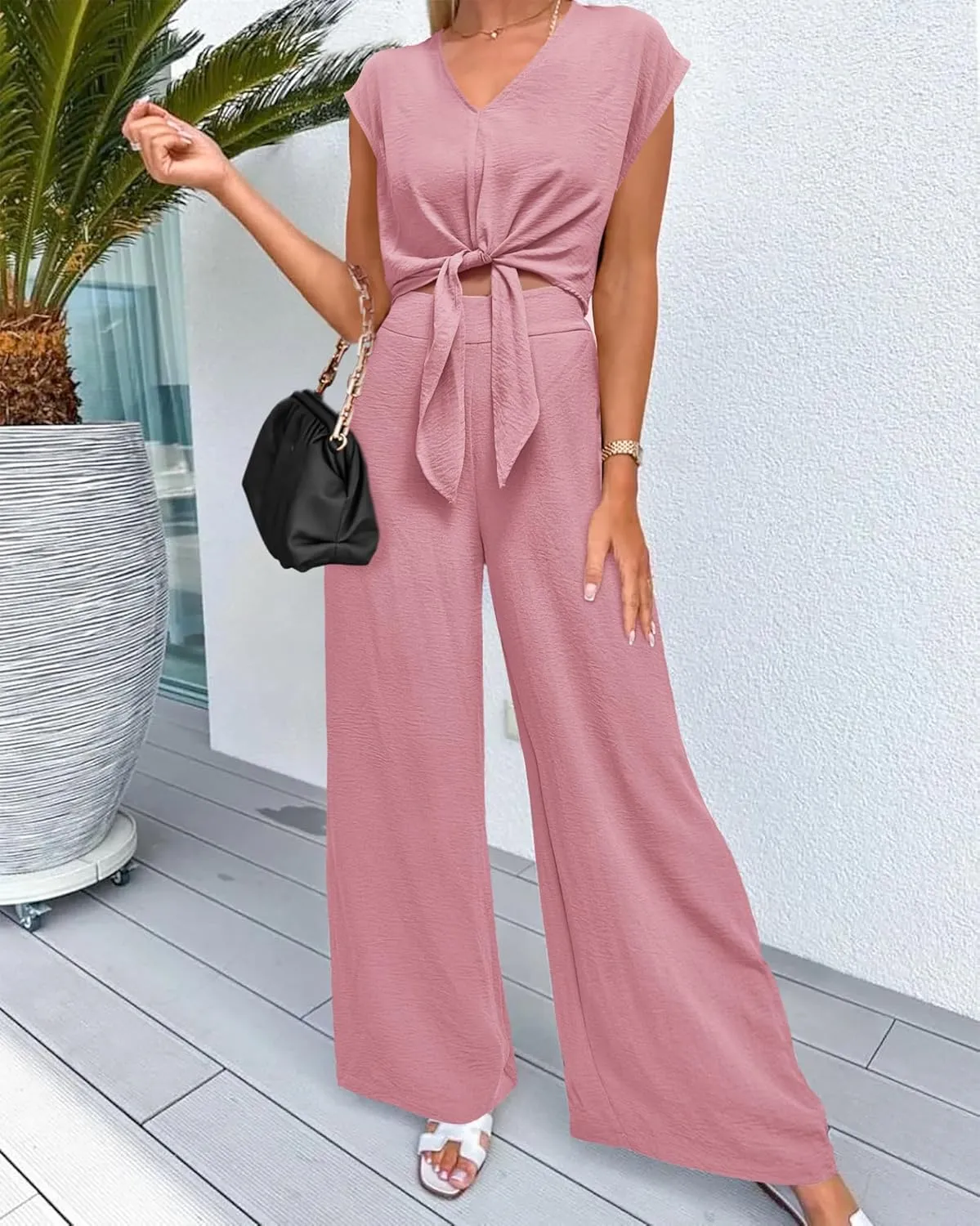 PRETTYGARDEN Women's Summer 2 Piece Outfits 2025 Cap Sleeve V Neck Belted Crop Tops Wide Leg Pant Sets Casual Tracksuit