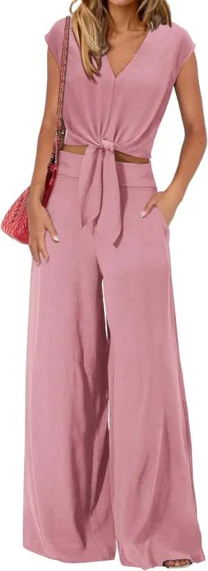 PRETTYGARDEN Women's Summer 2 Piece Outfits 2025 Cap Sleeve V Neck Belted Crop Tops Wide Leg Pant Sets Casual Tracksuit