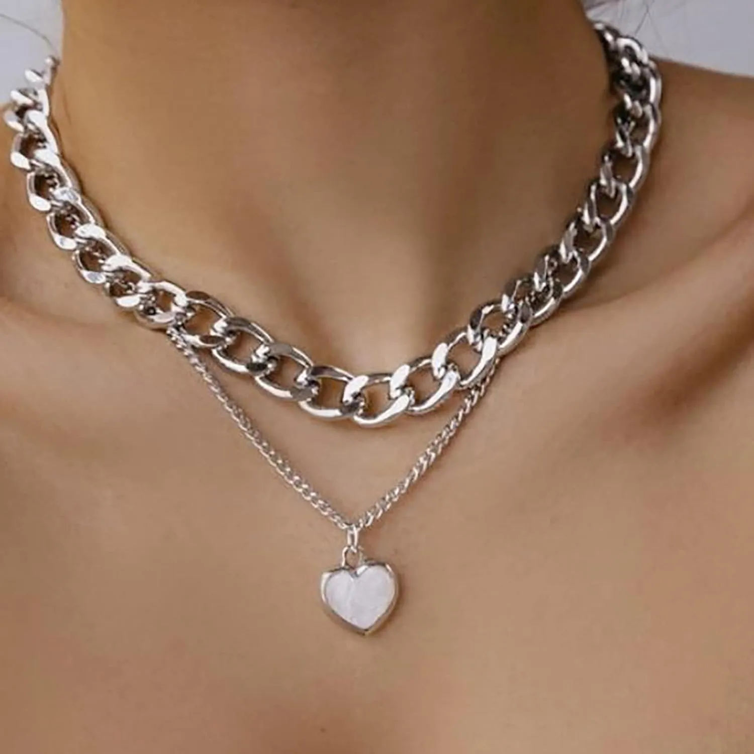 Punk Layered Chunky Chain Necklaces Gold Cuban Link Necklace Chain Heart Opal Pendant Necklace Cuban Thick Flat Link Chain Choker Jewelry for Women and Girls