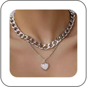 Punk Layered Chunky Chain Necklaces Gold Cuban Link Necklace Chain Heart Opal Pendant Necklace Cuban Thick Flat Link Chain Choker Jewelry for Women and Girls