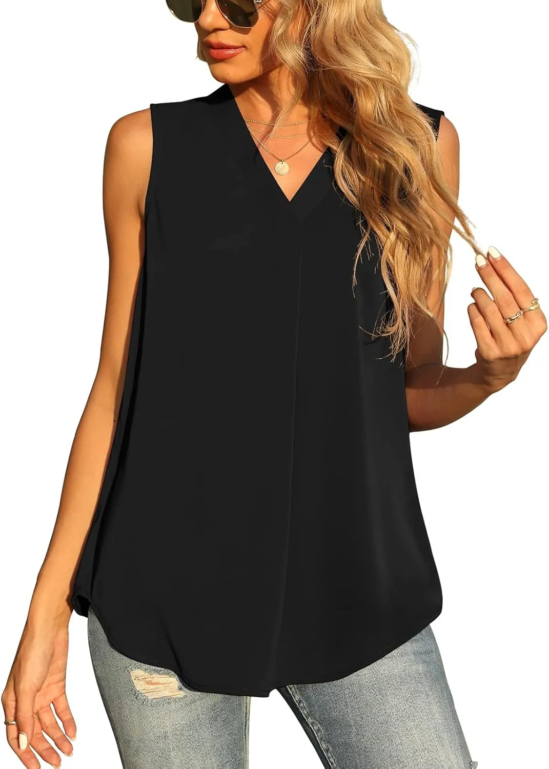 QUEZHU Women's Summer Sleeveless Chiffon Tank Tops Blouse Loose Casual V Neck Blouses Shirt