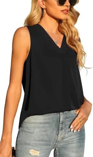 QUEZHU Women's Summer Sleeveless Chiffon Tank Tops Blouse Loose Casual V Neck Blouses Shirt
