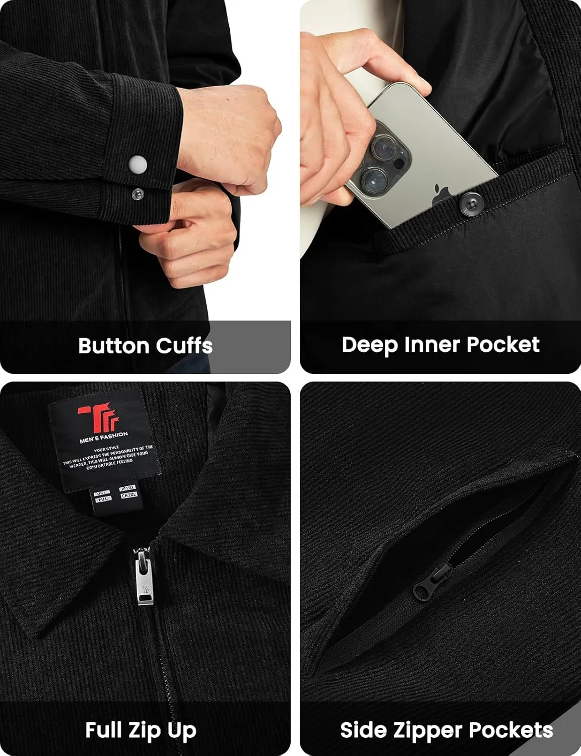 Rdruko Men's Corduroy Jacket Windbreaker Lightweight Casual Stylish Full Zip Bomber Jackets with Zipper Pockets