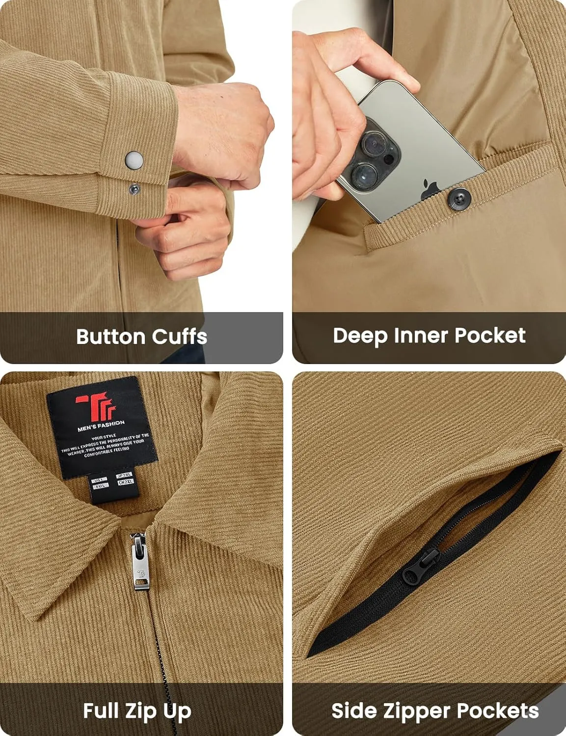 Rdruko Men's Corduroy Jacket Windbreaker Lightweight Casual Stylish Full Zip Bomber Jackets with Zipper Pockets