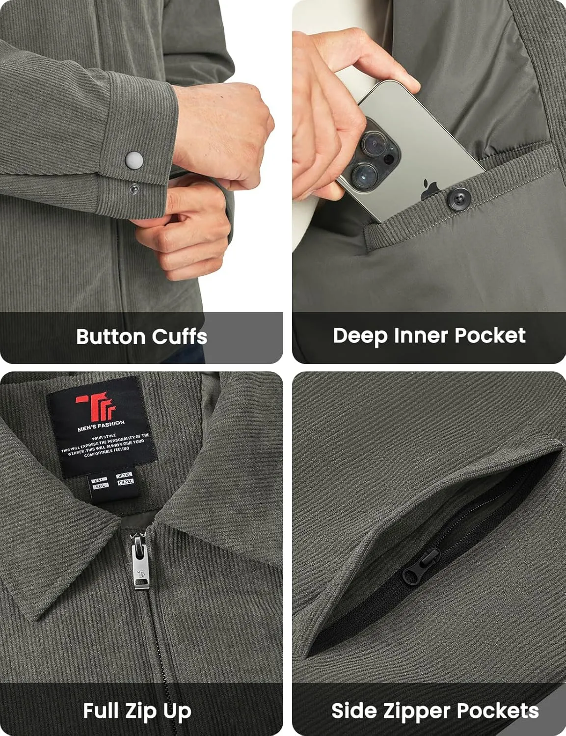 Rdruko Men's Corduroy Jacket Windbreaker Lightweight Casual Stylish Full Zip Bomber Jackets with Zipper Pockets