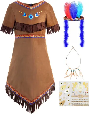 ReliBeauty Girls Thanksgiving Costume Kids Dress Outfit with Hair Accessories and Necklaces, 3T/100