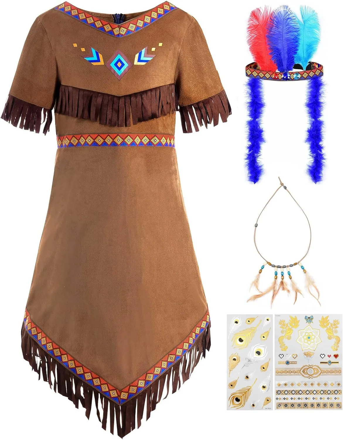 ReliBeauty Girls Thanksgiving Costume Kids Dress Outfit with Hair Accessories and Necklaces, 3T/100