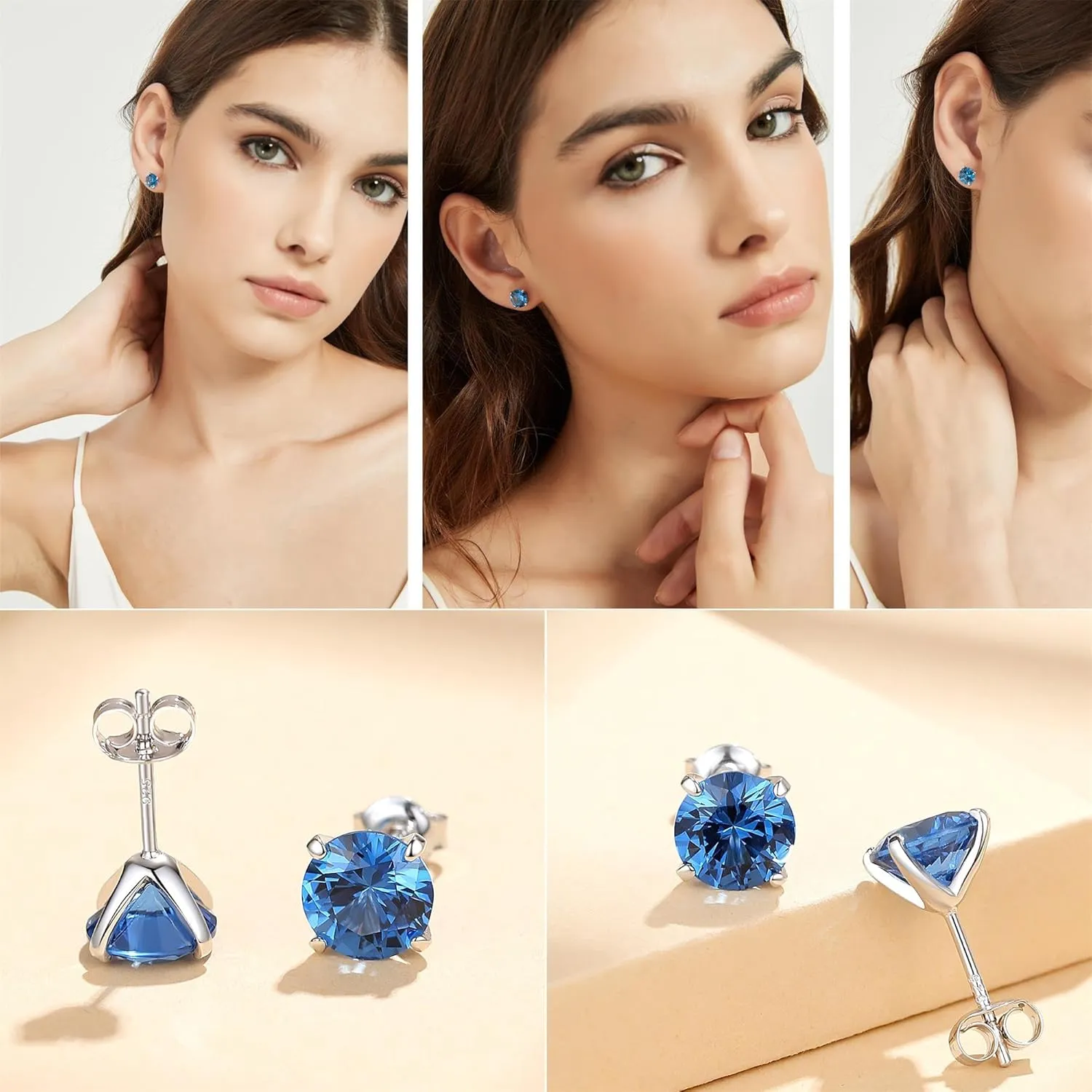 Rhodium Plated 925 Sterling Silver Round Brilliant Cut Cubic Zirconia Stud Earrings for Women Hypoallergenic Silver Post Stud Earrings (With Gift Box)